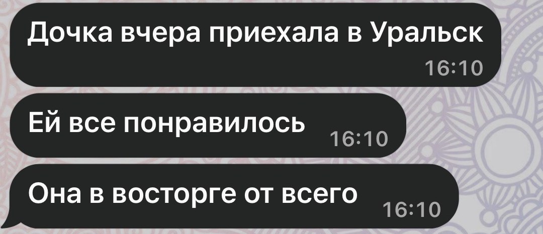 Сообщения родителя в WhatsApp: «Дочка вчера приехала в Уральск. Ей все понравилось. Она в восторге от всего»