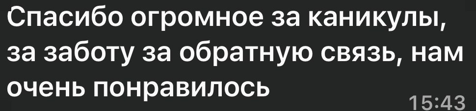Сообщение родителя в WhatsApp: «Спасибо огромное за каникулы, за заботу, за обратную связь, нам очень понравилось»